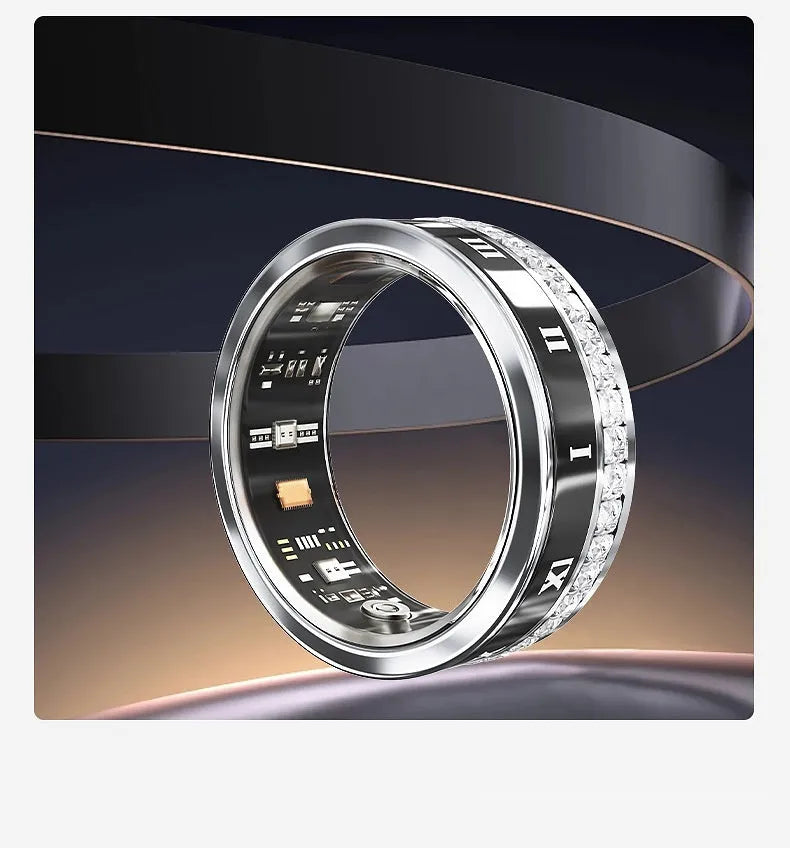 Diamond inlaid smart ring in silver and gold colours showing health monitoring technology integrated into jewellery design