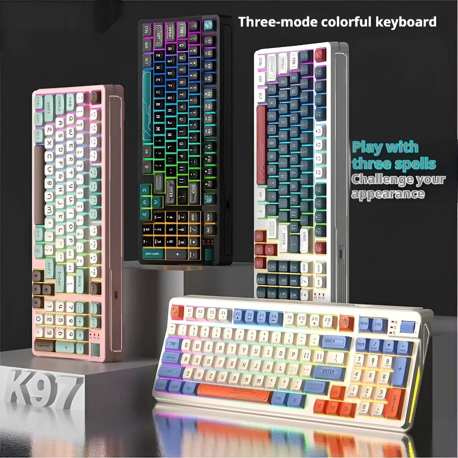 Luminous plastic computer keyboard in one of four colour combinations on a desktop.