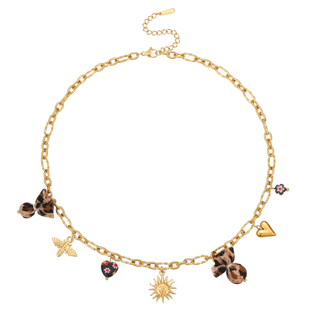 Women's stainless steel necklace with leopard pendant, heart and flower details, adjustable 41-50cm length