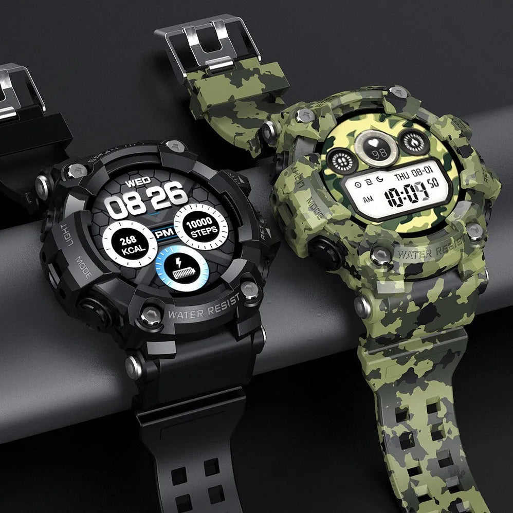 Black T6 tactical rugged smart watch with 1.3 inch screen on an anti-sweat double-clasp wrist strap.
