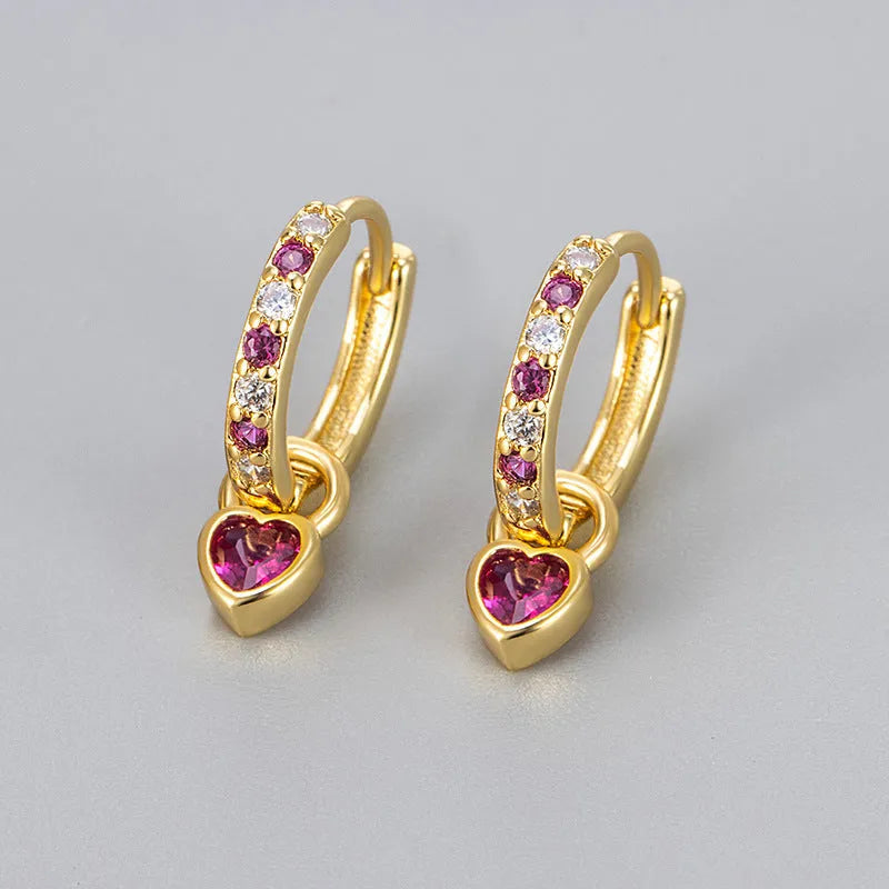 Women's heart drop earrings with coloured zircon stone in gold tone setting