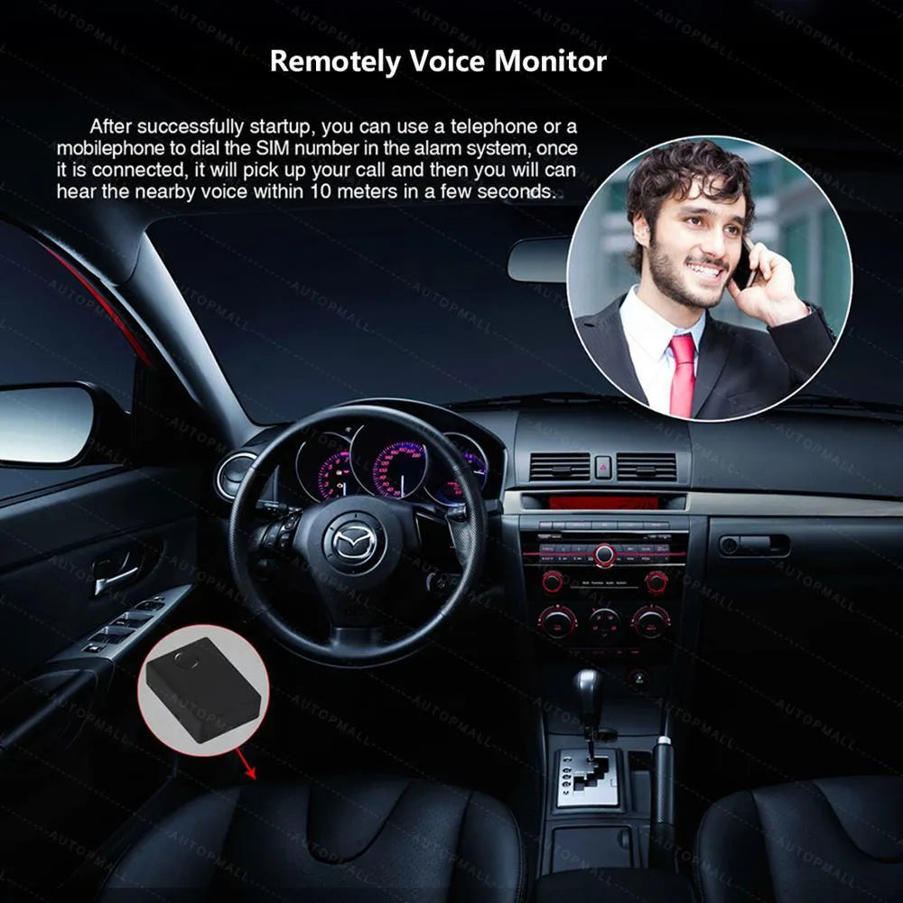 Black mini car GPS tracker with SIM card slot for vehicle security and location monitoring