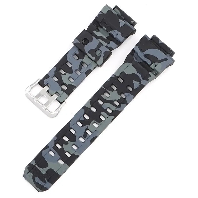 Camouflage pattern TPU watch strap with silver buckle closure shown in multiple colour options