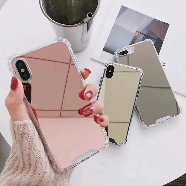 Reflective mirror phone case in soft TPU material available in multiple colours for various iPhone models showing back and side view