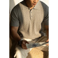 Men's khaki short sleeve casual top for business wear on a grey background