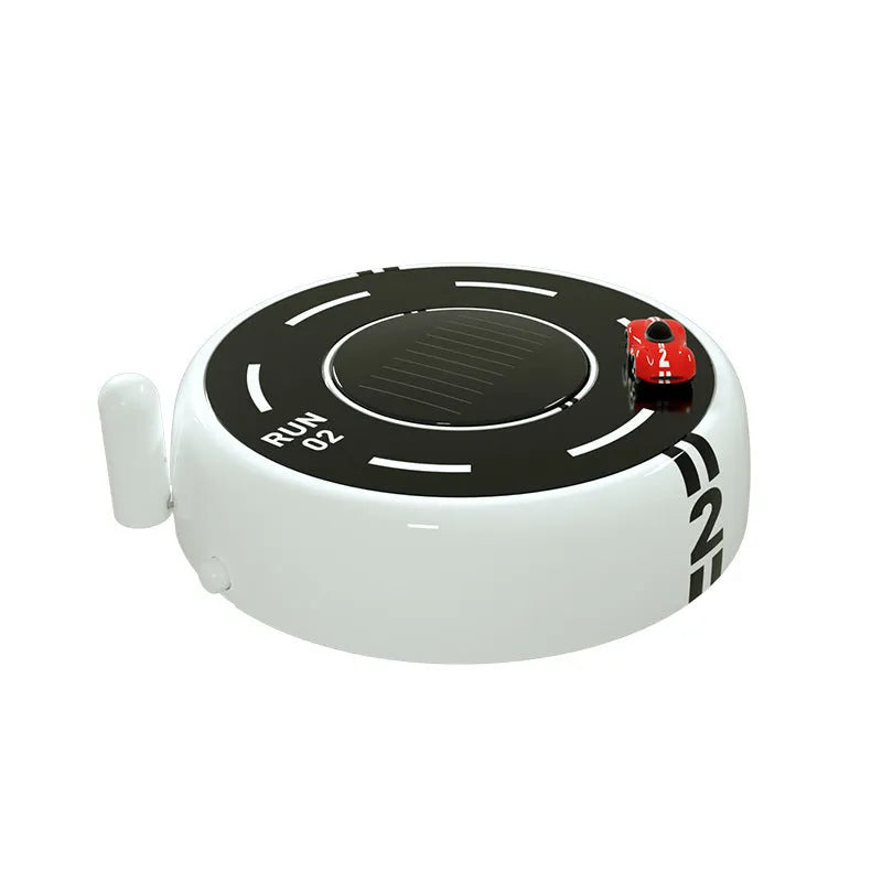 Round black solar-powered car perfume diffuser with USB port on a car dashboard.
