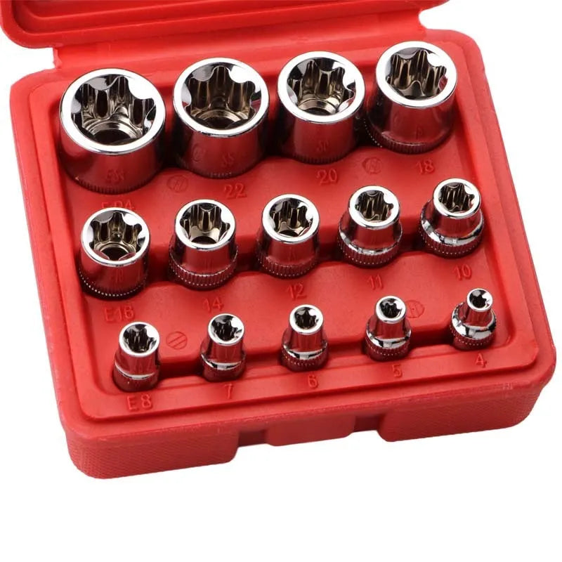 14-piece E-type socket set in red box, chrome vanadium steel, for auto repair and mechanical use