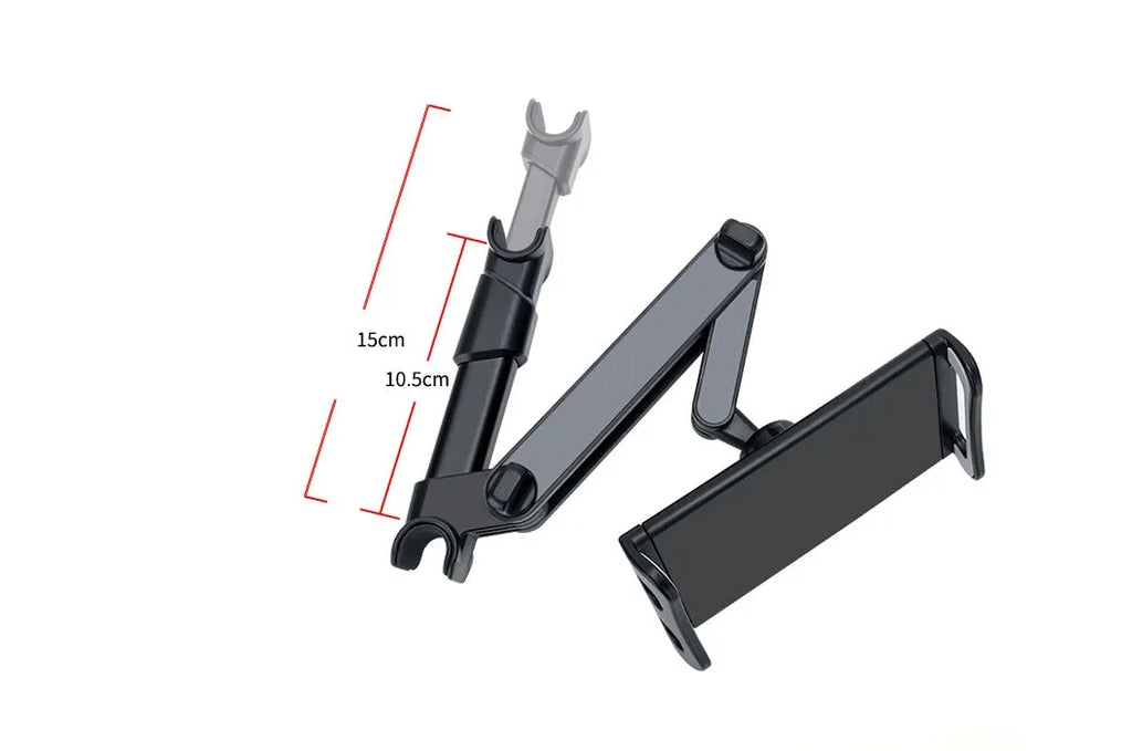 Black universal car phone holder mounted on a car rear seat base, holding a tablet for navigation