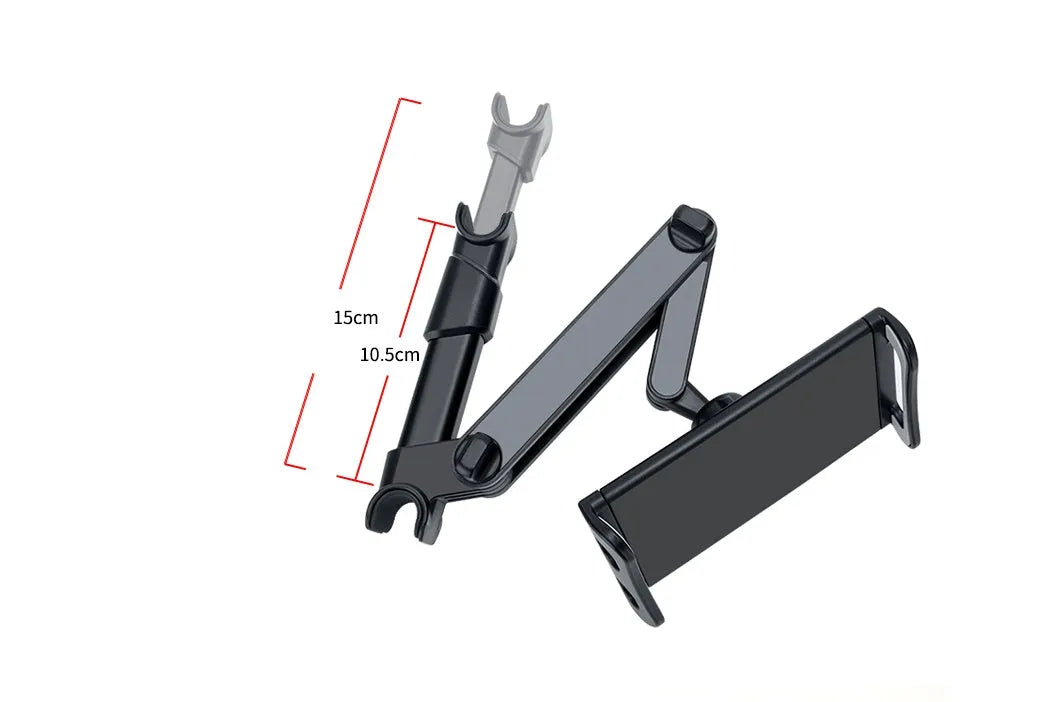 Black universal car phone holder mounted on a car rear seat base, holding a tablet for navigation
