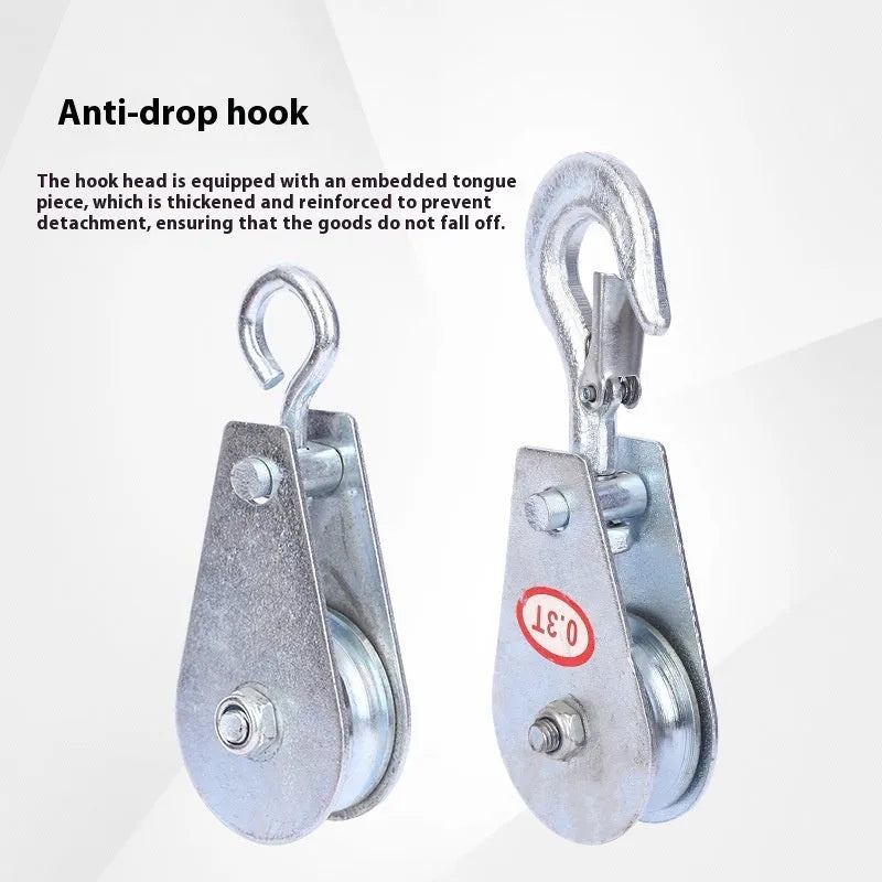 Red forged steel industrial lifting pulley with a safety latch on the hook