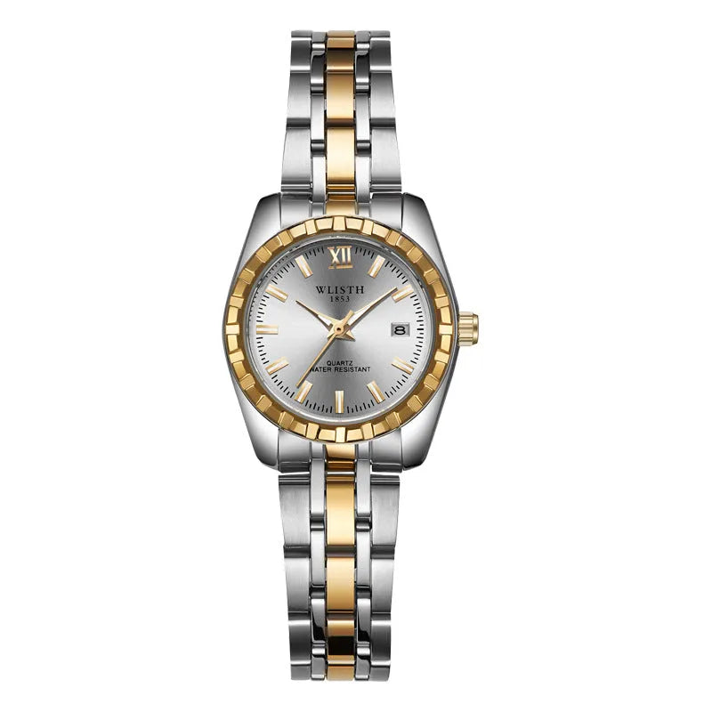 Couple watch with steel band, 28mm dial, luminous hands, and date window in silver finish