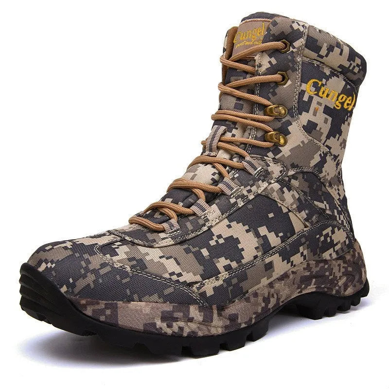 Men's high-top camouflage shoes in brown acrylic fabric for outdoor sports and cycling