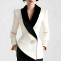 Women's milky white beige TR polyester coat with golden edge pearl buttons and irregular cut