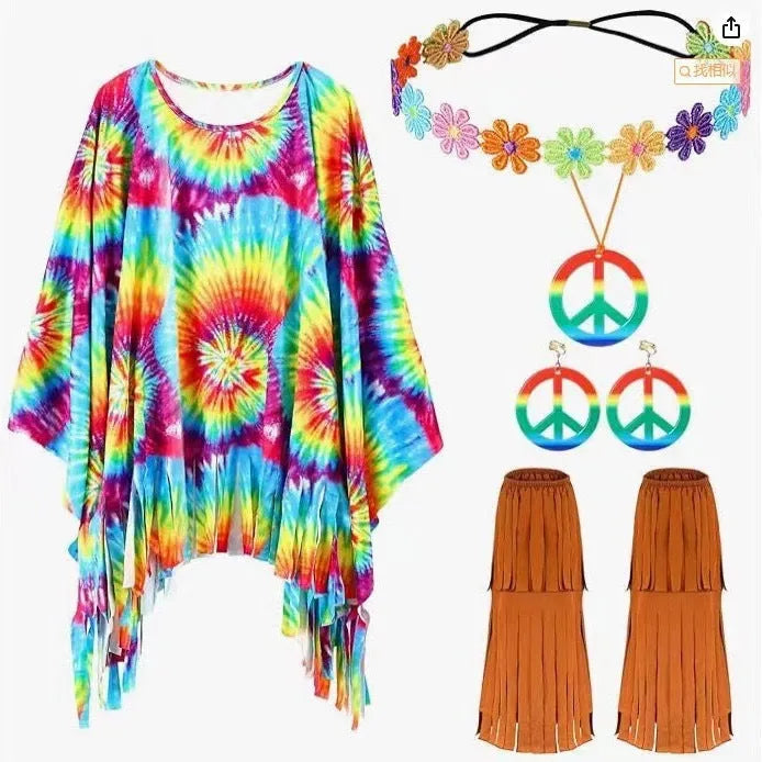 Colourful tie dye cloak Halloween costume with bell sleeves in spandex fabric