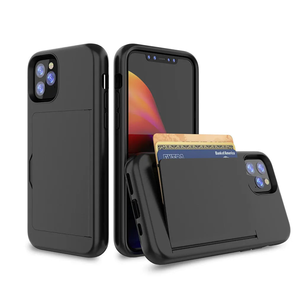 iPhone 11 protective case in TPU+PC material showing black, red, pink, dark blue, blue, and purple colour options