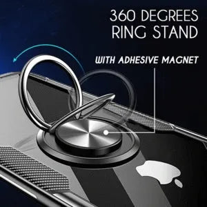 Black iPhone case with integrated car holder on the back, showing button cut-outs and PU leather texture.