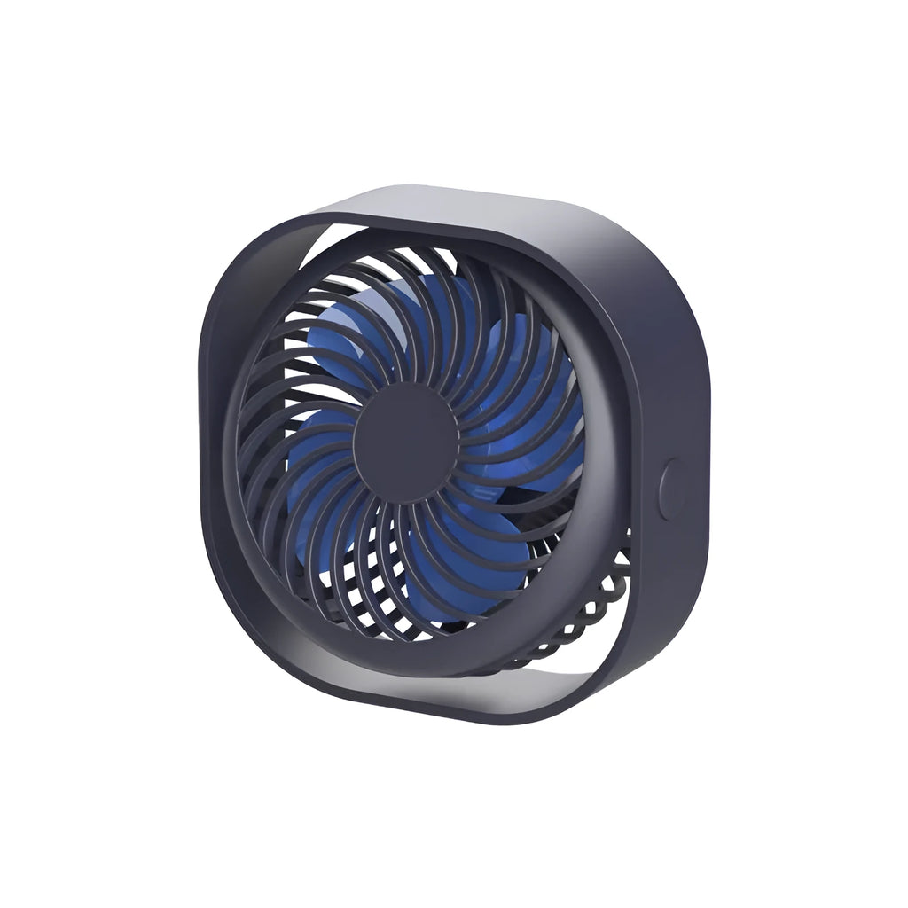 USB desk fan with rotating head in modern alarm clock design on desk