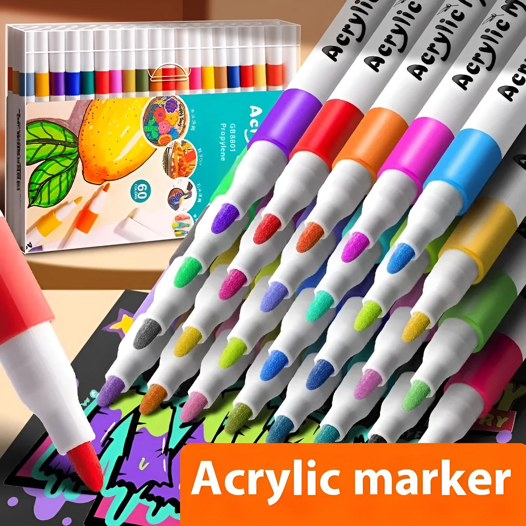 Boxed set of acrylic marker pens showing multiple colour options for student painting projects