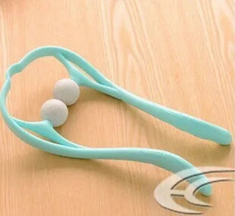 Blue plastic neck massager with hand roller and bracket for pressure point therapy on neck and shoulders