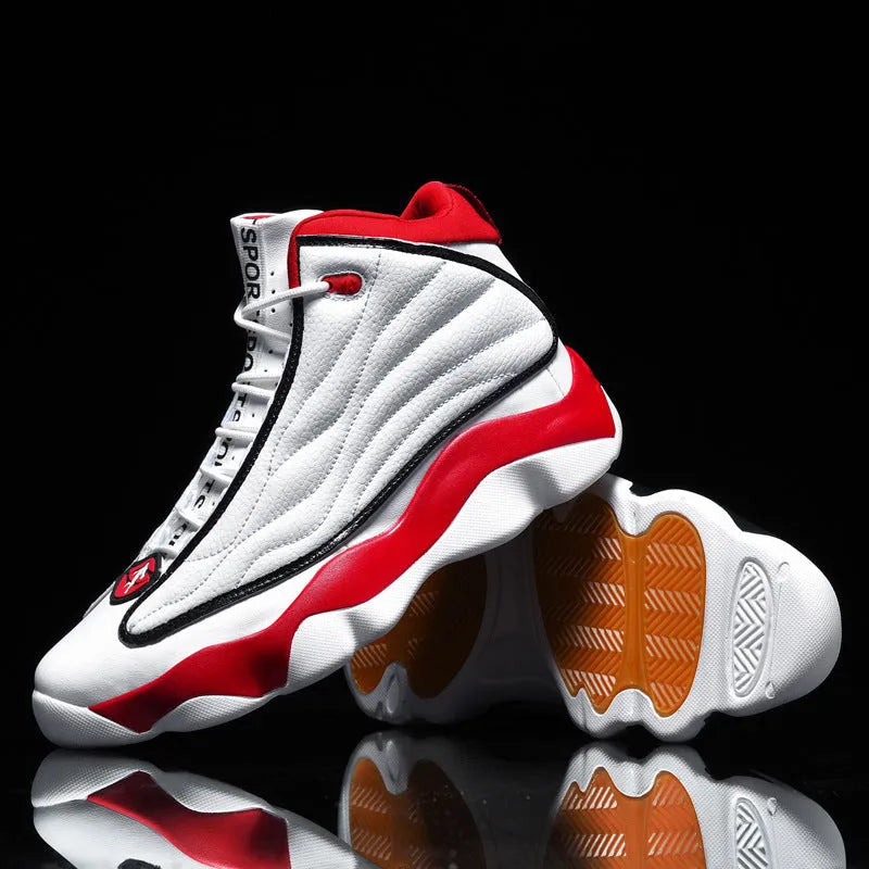 Men's high-top basketball shoes with mesh upper and thick rubber sole in AJ13 colour options.