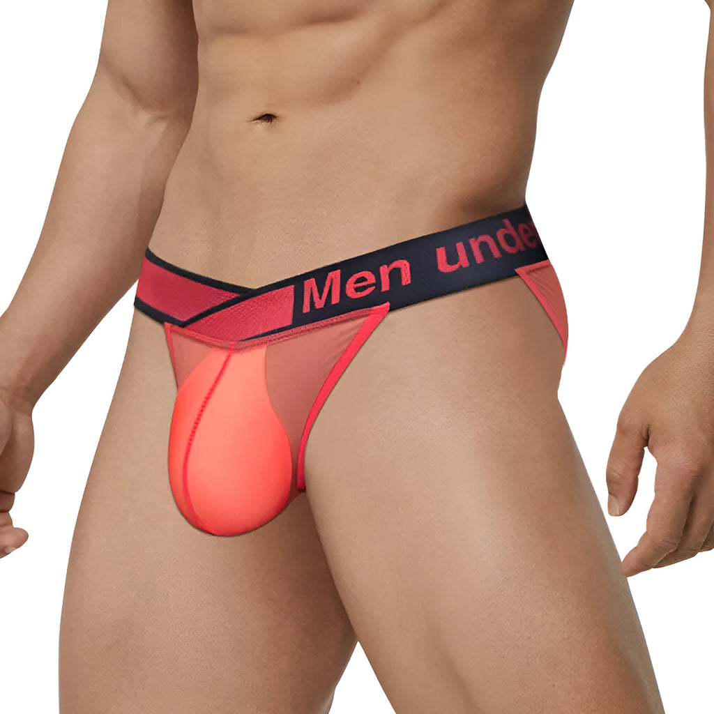 Men's solid colour nylon briefs with a low waist and large V gradient high-cut design.