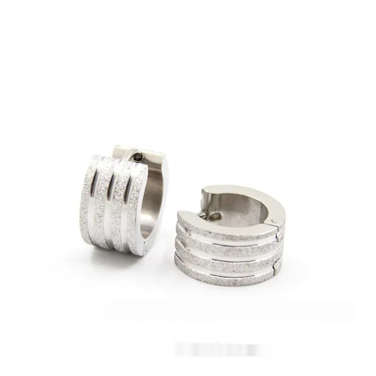 Geometric three-line frosted titanium steel earrings in black, gold, or steel colour on a white background.