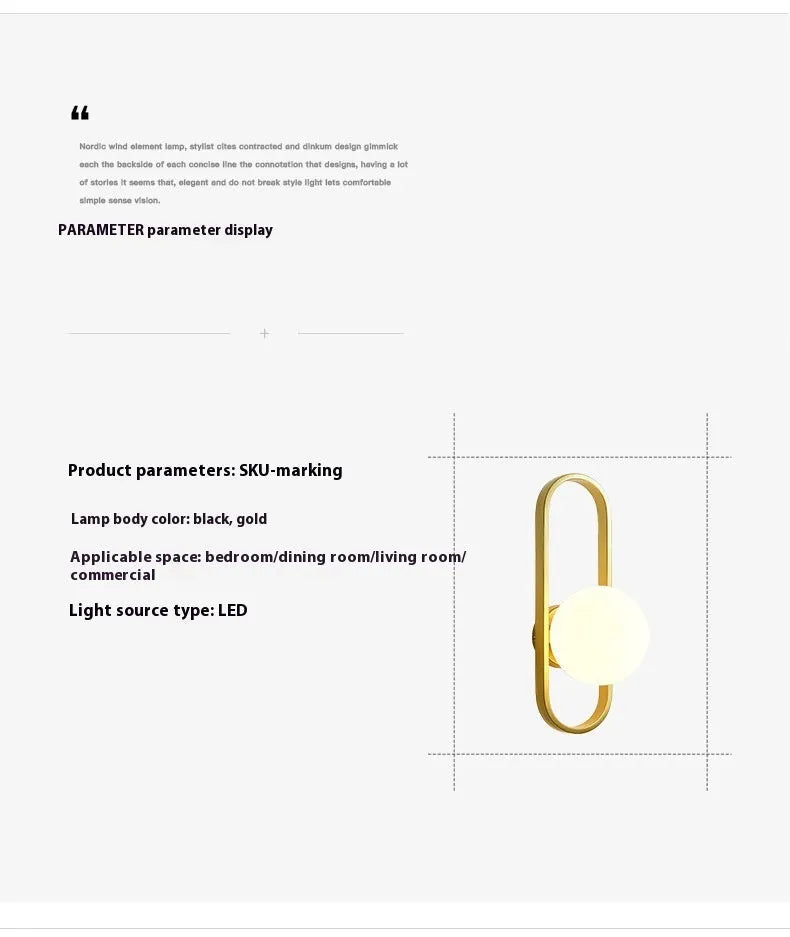 Minimalist wall lamp with glass shade and iron body in black or gold finish showing 12W bulb options