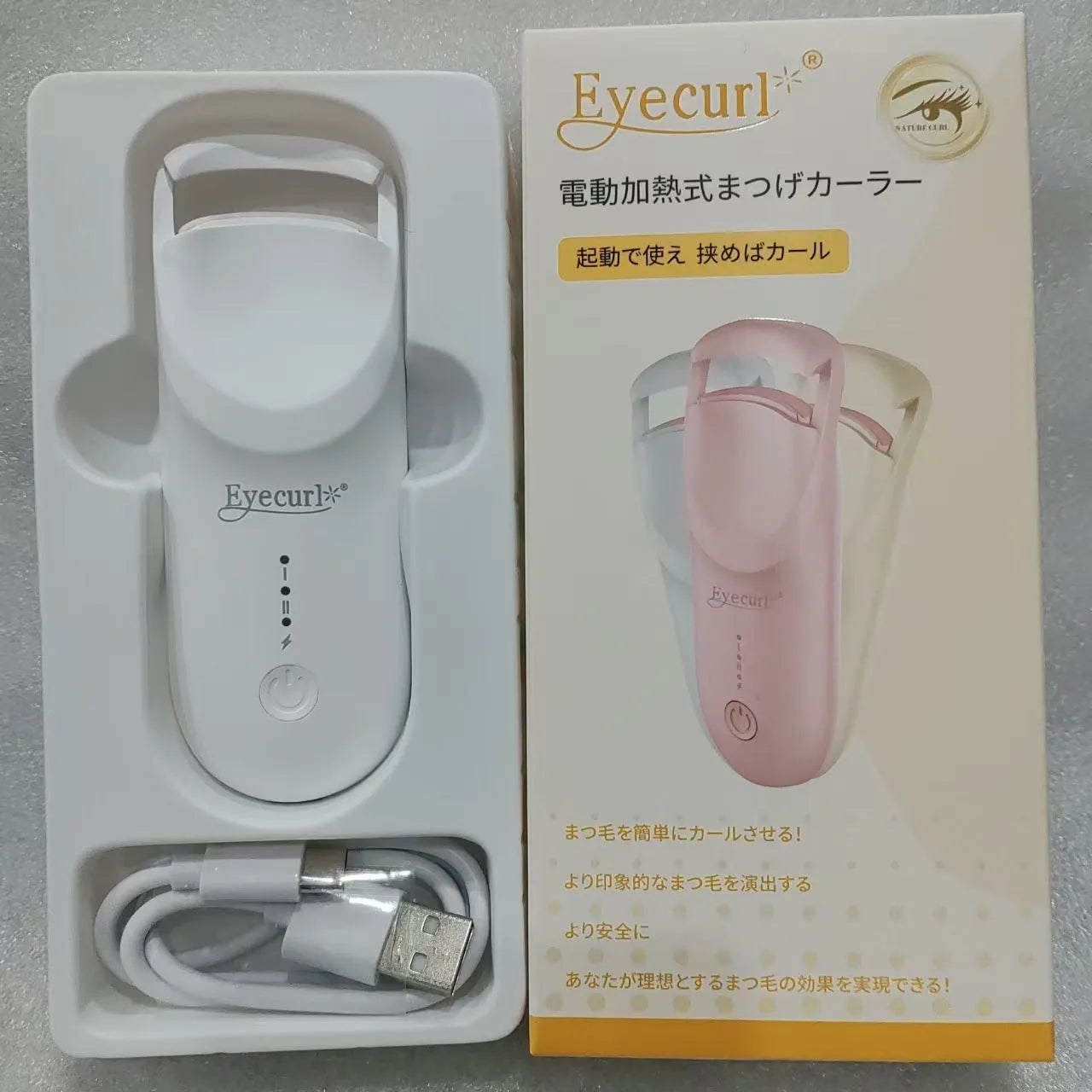 USB-C rechargeable electric eyelash curler in cream white, pink, or apricot with charging cable