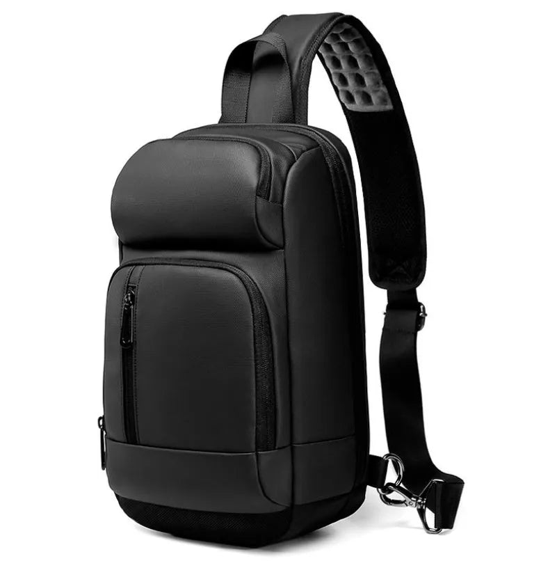 Black PVC medium shoulder bag with multiple internal compartments and adjustable strap