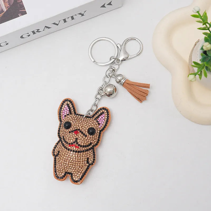 French dog rhinestone keychain with cartoon animal design, electroplated alloy construction, 5-7cm size