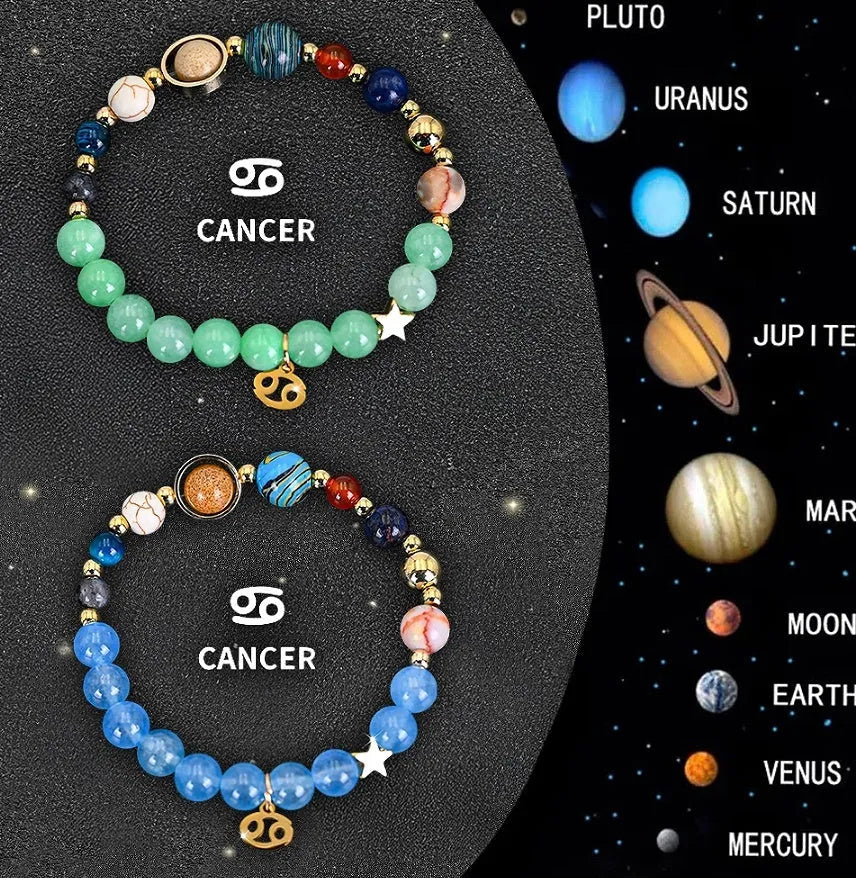 Two natural stone beaded bracelets with Chinese zodiac animal designs on elastic wristbands.