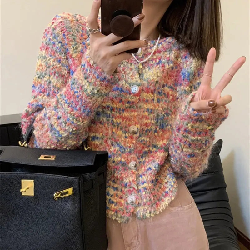 Acrylic retro rainbow sweater cardigan in slim fit free size available in pink or green colours