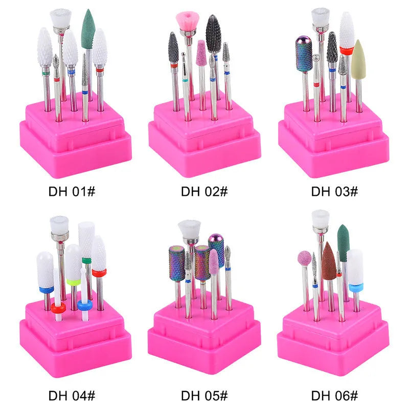 Tungsten steel nail drill bit and brush set in a clear plastic storage case.