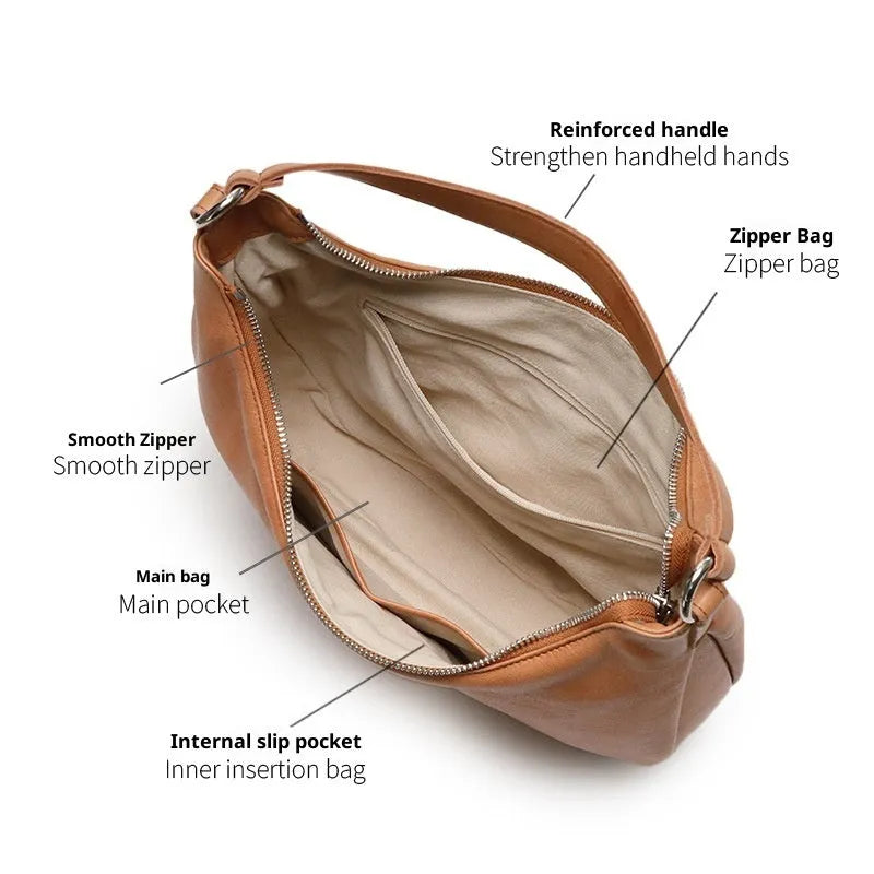 Cortical women's spliced casual crossbody bag in khaki top grain leather dumpling shape 30x7x19cm