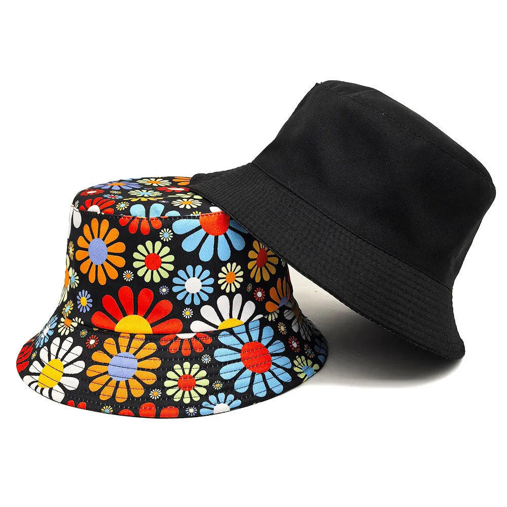 Colourful flowers pattern bucket hat with dome crown in size M for sun protection