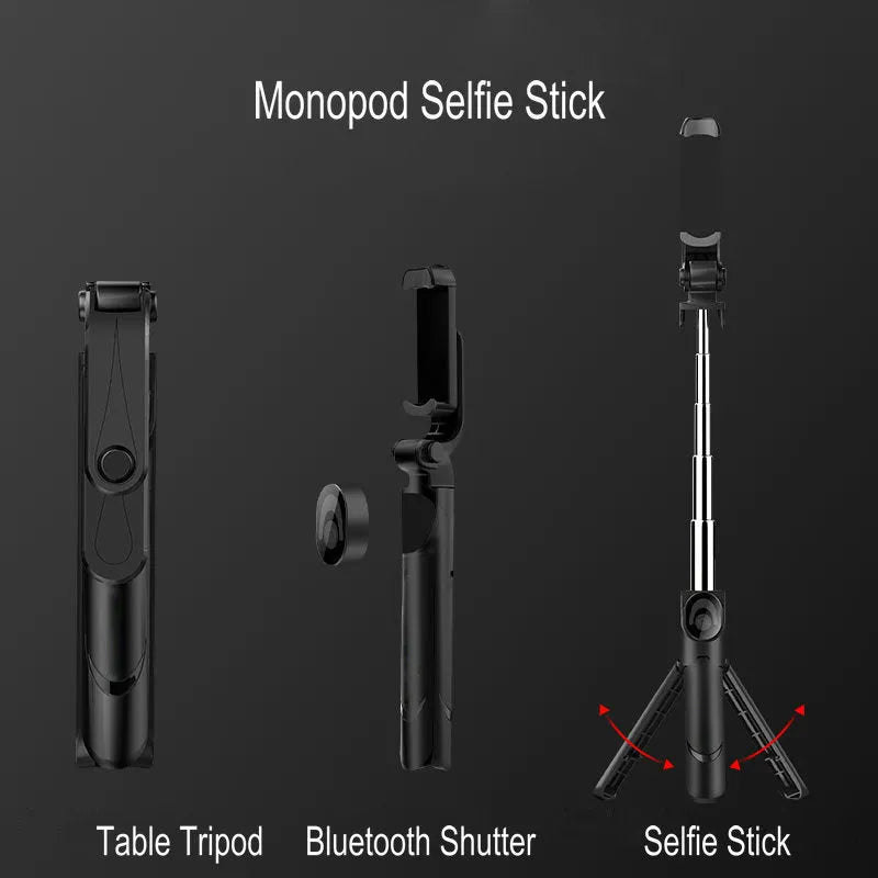 Bluetooth handheld selfie stick in black with extended arm and smartphone holder, remote control support