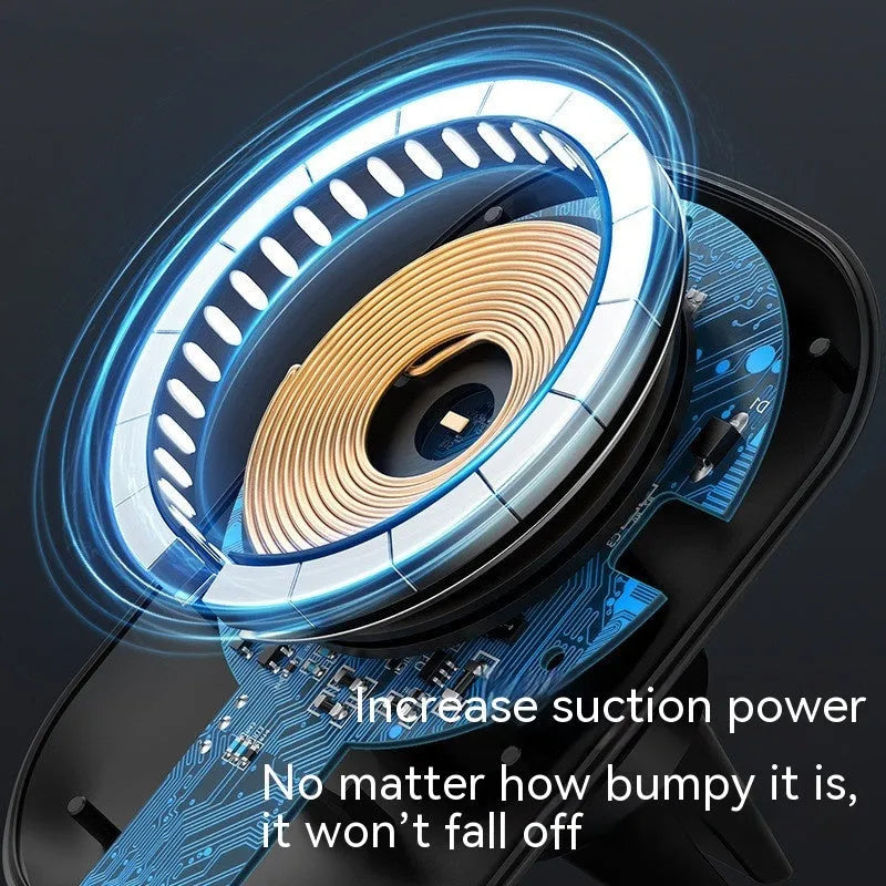 Black magnetic car wireless charger mounted on vehicle air vent with phone attached