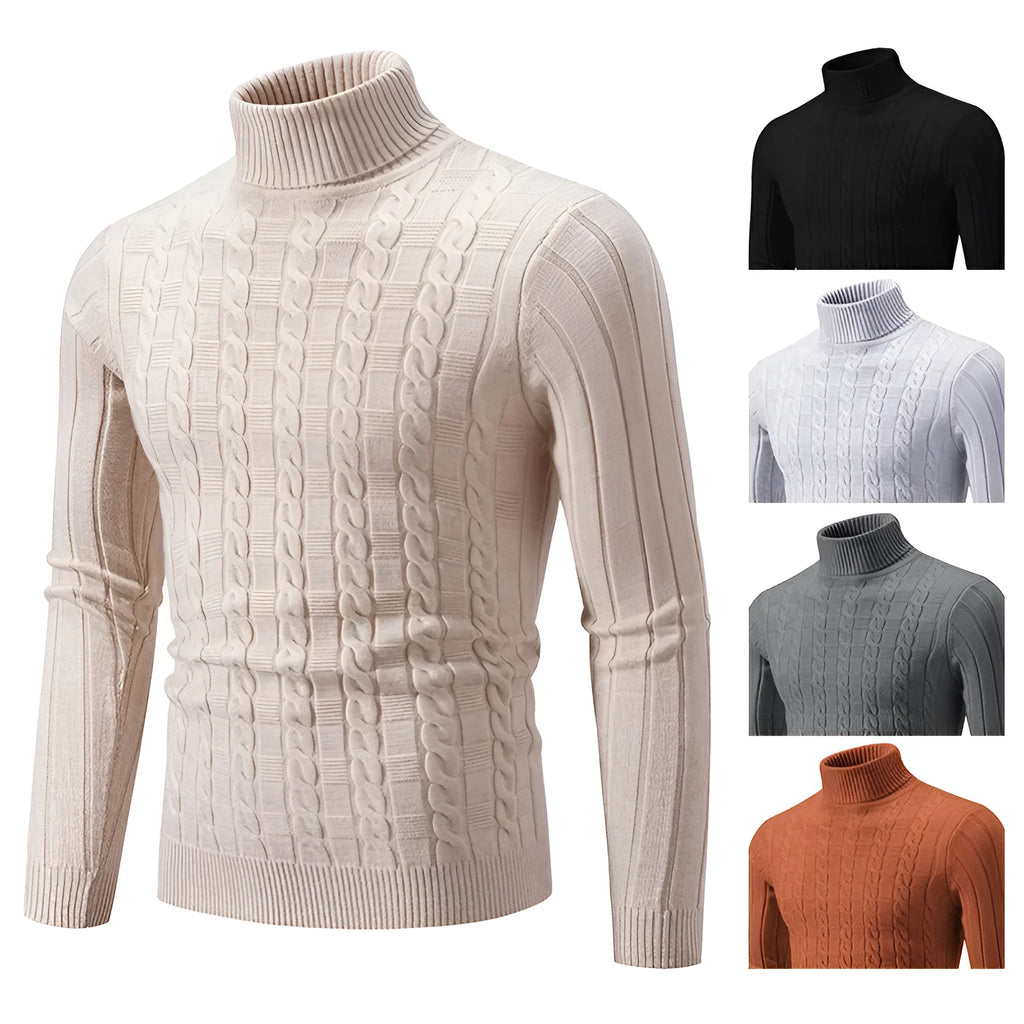 Men's slim fit chenille turtleneck pullover sweater in milky white on a model.