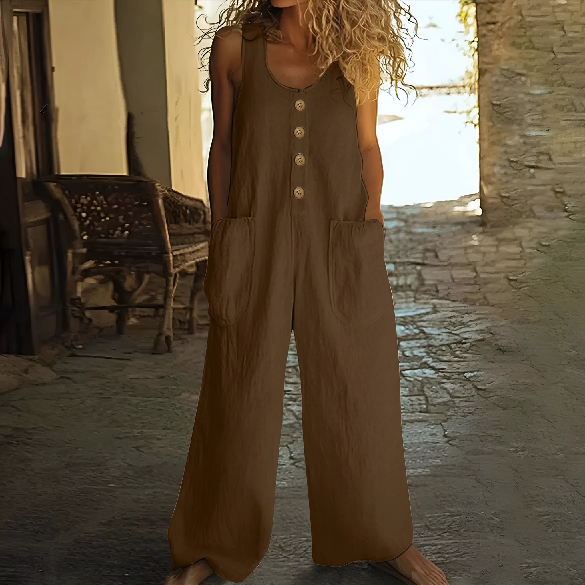 Sleeveless wide-leg cotton jumpsuit in art retro style shown in a selected colour