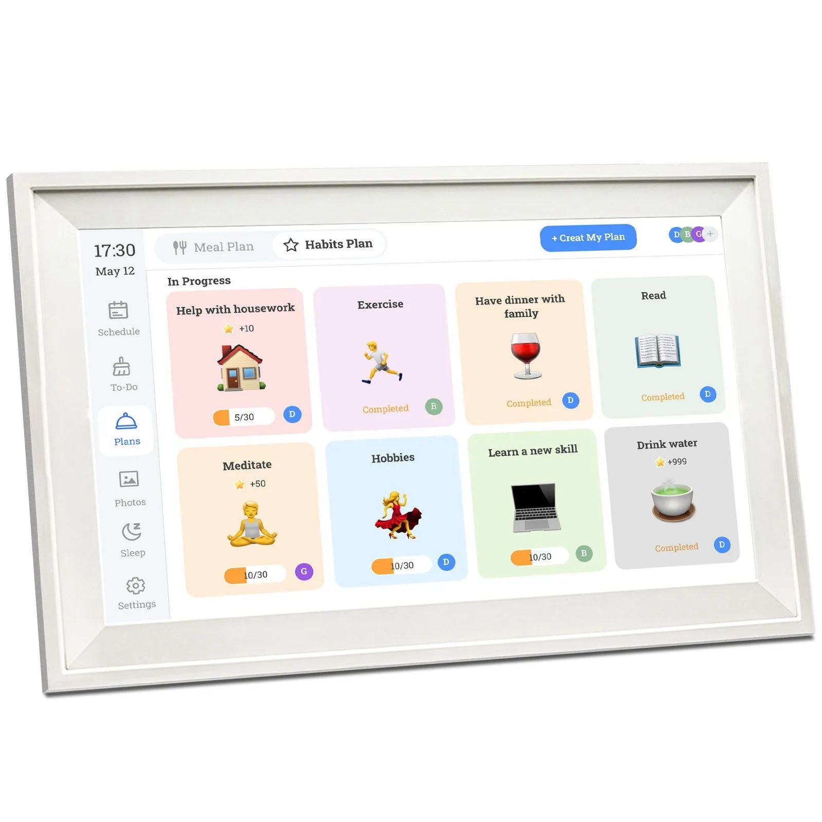 White smart digital photo frame with 15.6 inch screen displaying family photos