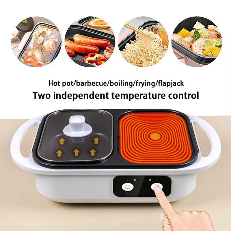 Green and white dual-function electric hot pot with frying pan showing mechanical controls and compact design
