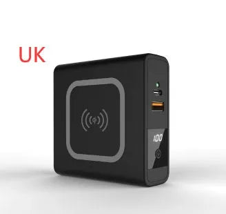 Black and white 10000mAh power bank with wireless charging, a fold-out plug, and international travel adapters.