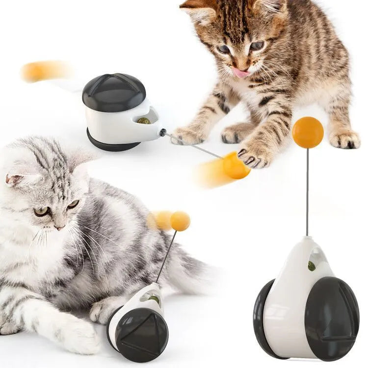 Electric automatic lifting cat toy with rabbit hair teaser and black ABS body on a light floor
