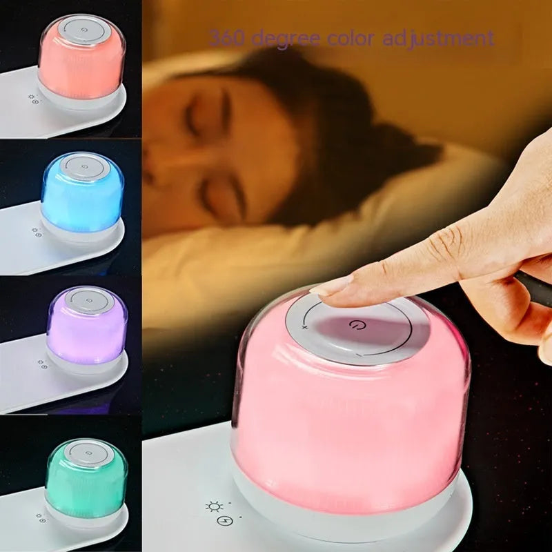 White fast charging wireless charger table lamp two-in-one with 15W max and 3000K night light on a desk