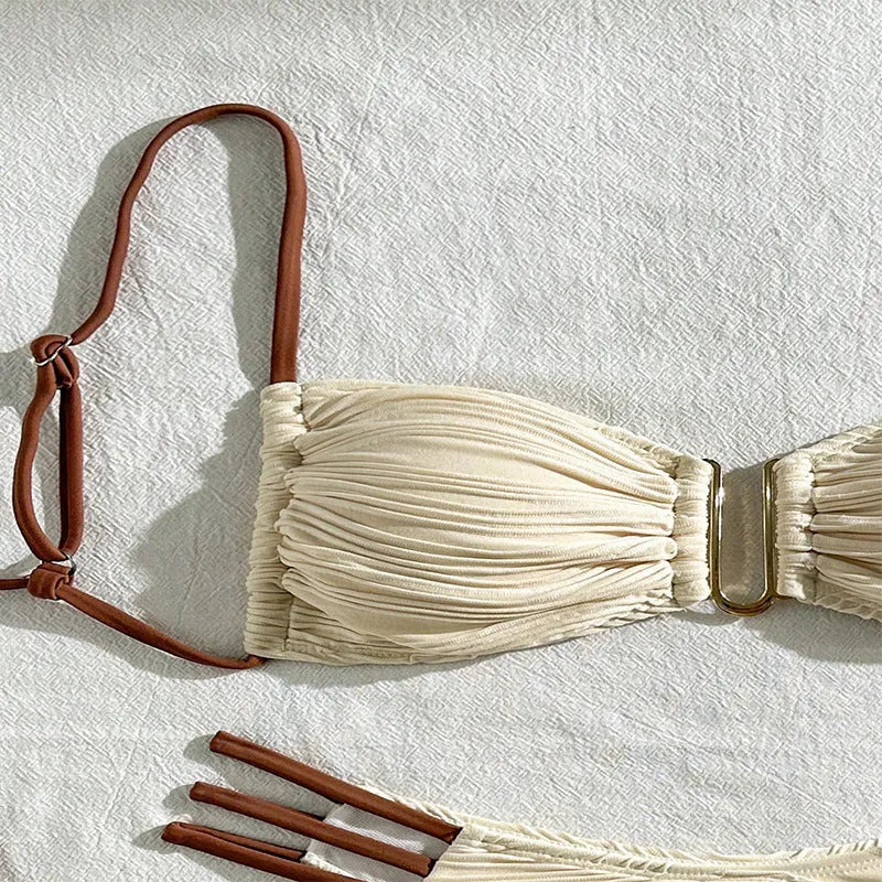 Women's polyester three-point bikini set in khaki with striped pattern, front view