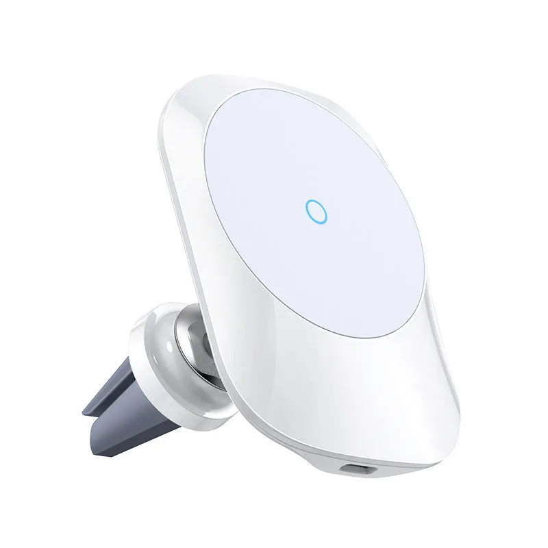 Black magnetic car wireless charger mounted on vehicle air vent with phone attached