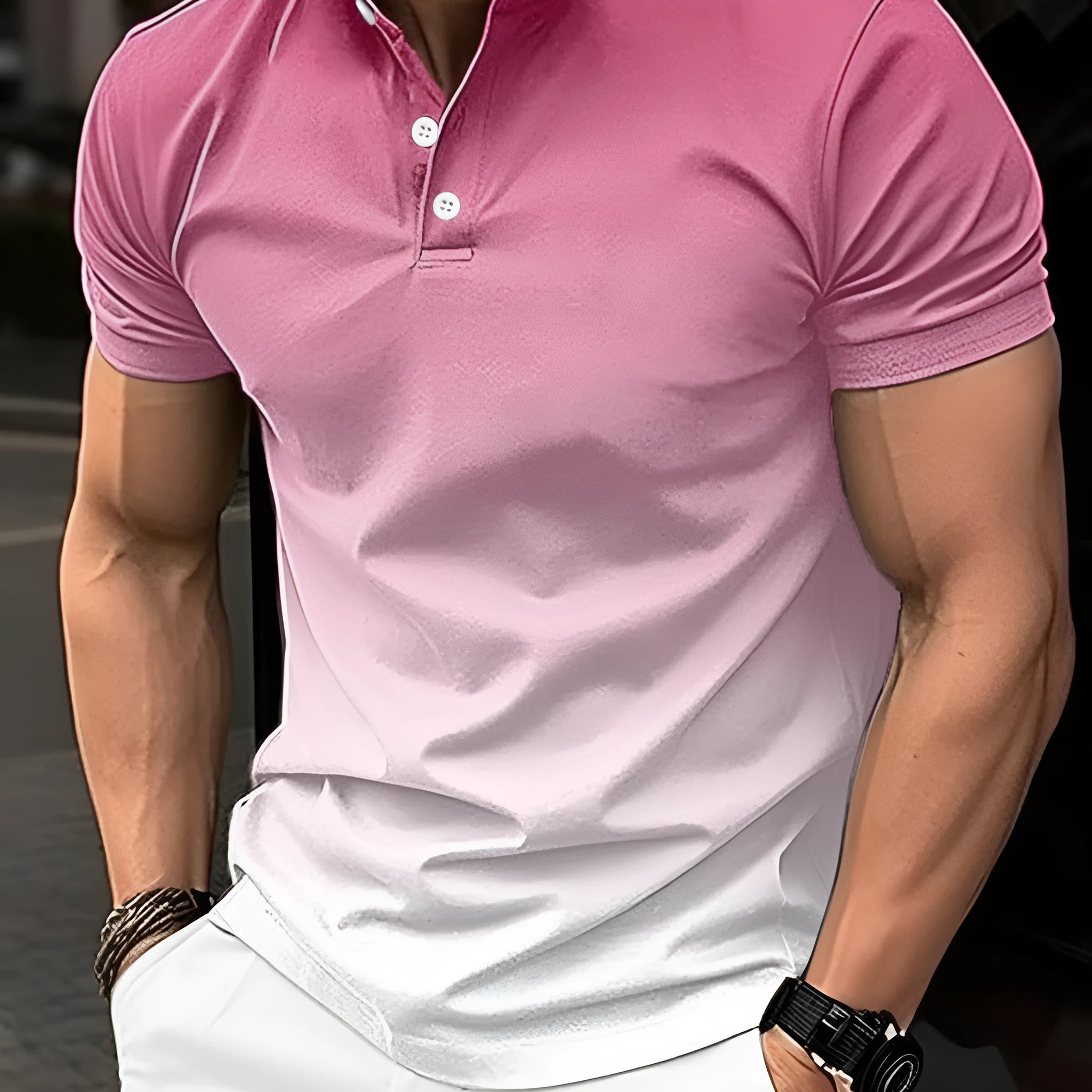 Cotton blend stand collar gradient short sleeve t-shirt in green, regular fit, short sleeves, colour-block pattern