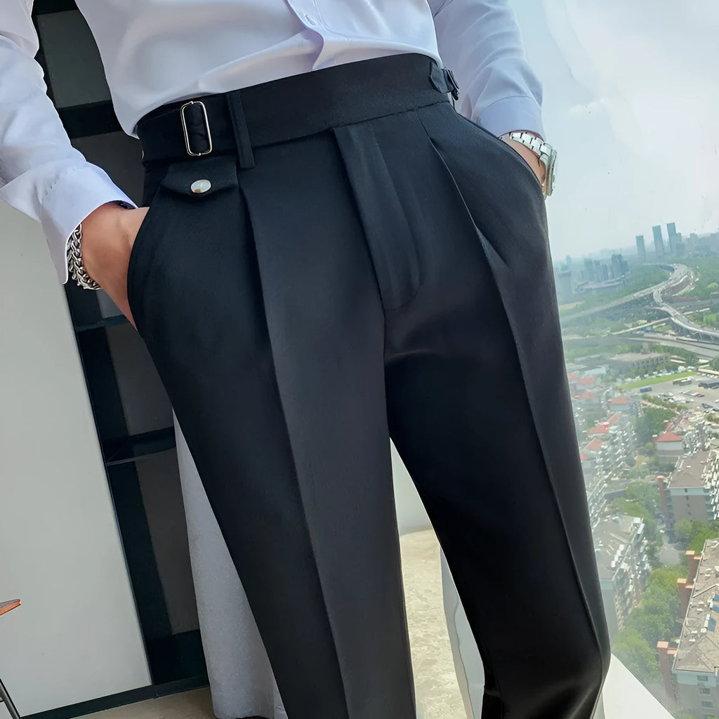 Men's straight-leg casual trousers in a solid colour, shown in a neutral grey shade on a hanger.