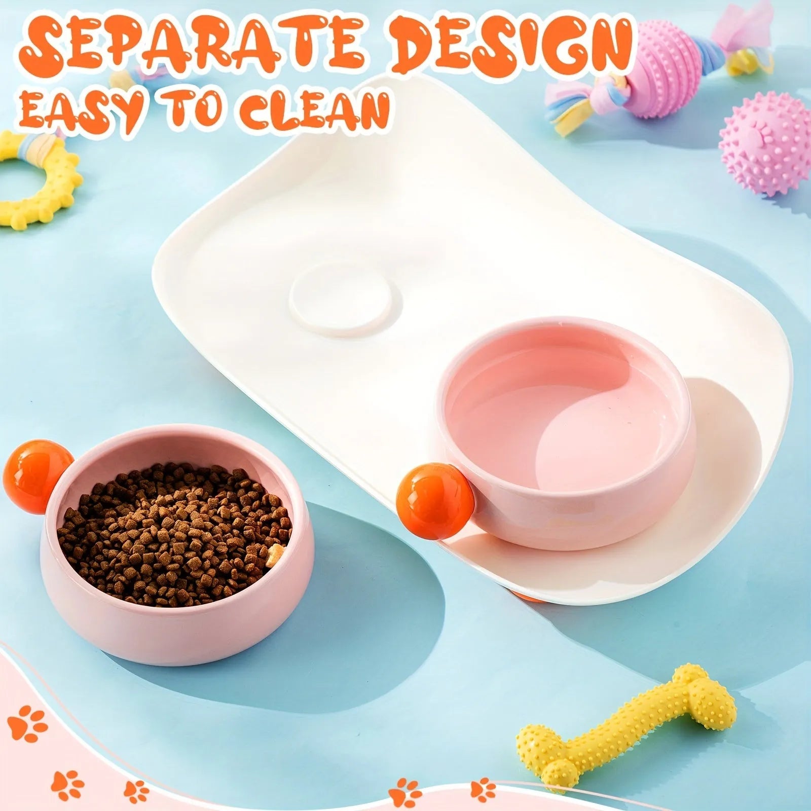 Pink double elevated ceramic pet bowl with non-slip base for cats and small dogs
