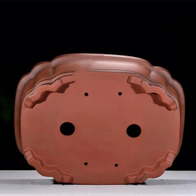 Large Chinese-style purple clay flowerpot with antique finish showing dimensions